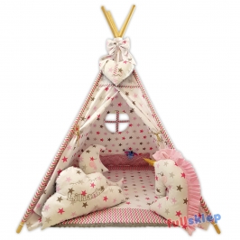 Namiot Tipi z poduszkami dla dziewczynki różowy Haft