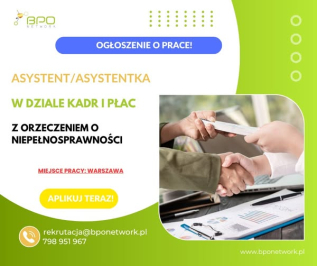Asystent/ka w dziale kadr i płac z orzeczeniem - Warszawa